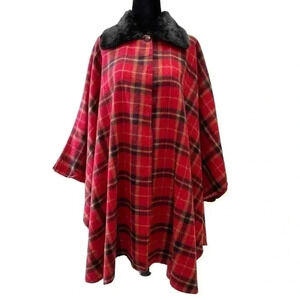 Specialty House Poncho Cape Shawl Fur Collar Tartan Plaid Red Black Medium